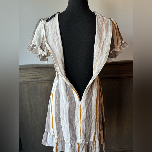 Simplee Apparel Striped Wrap Mini Dress - White, Brown & Mustard - Picture 6 of 8